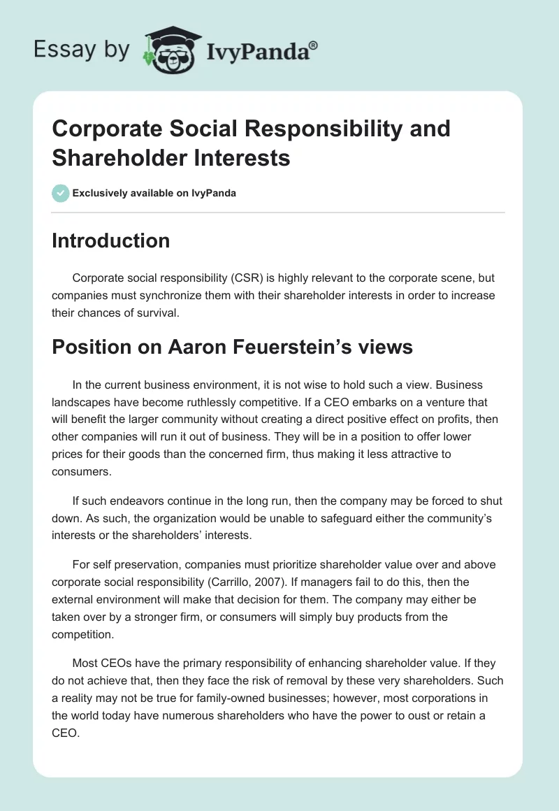 Corporate Social Responsibility and Shareholder Interests. Page 1