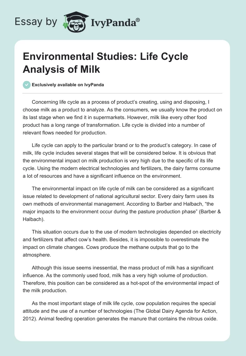 Environmental Studies: Life Cycle Analysis of Milk. Page 1