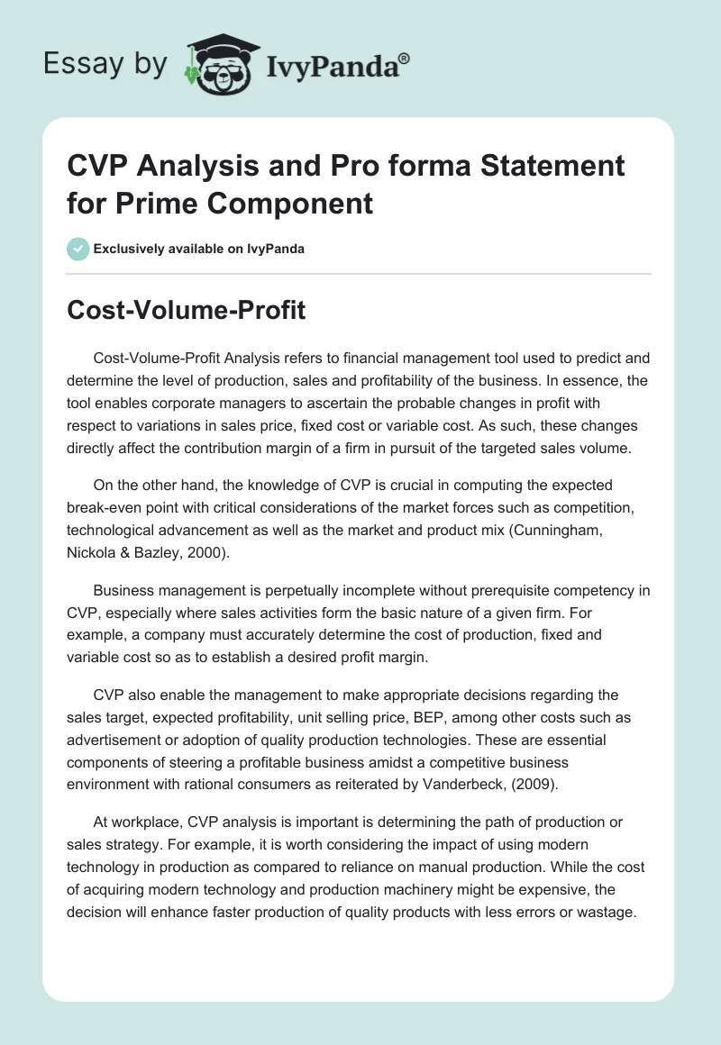 CVP Analysis and Pro forma Statement for Prime Component. Page 1