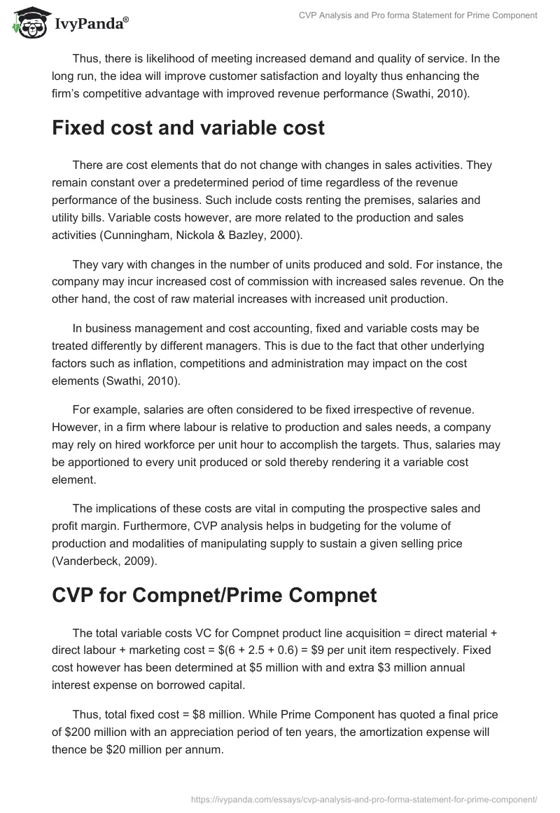 CVP Analysis and Pro forma Statement for Prime Component. Page 2