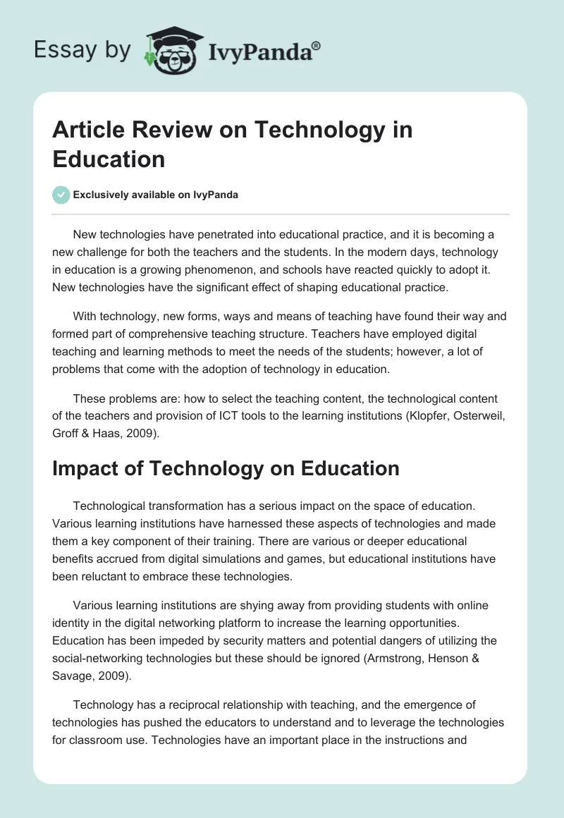 Article Review on Technology in Education. Page 1