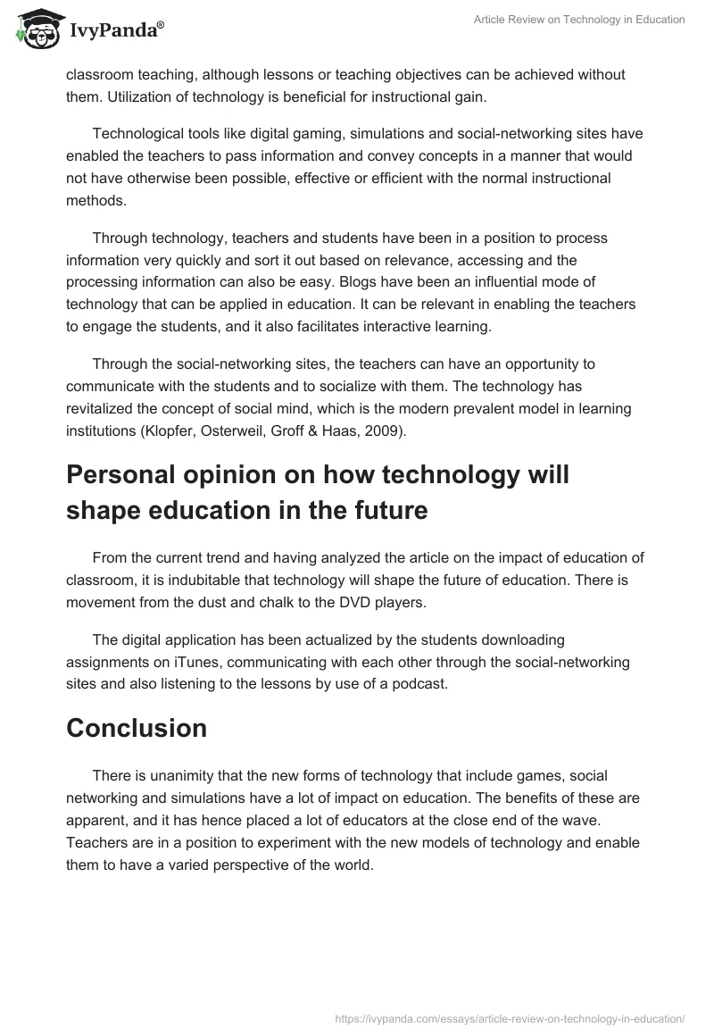 Article Review on Technology in Education. Page 2