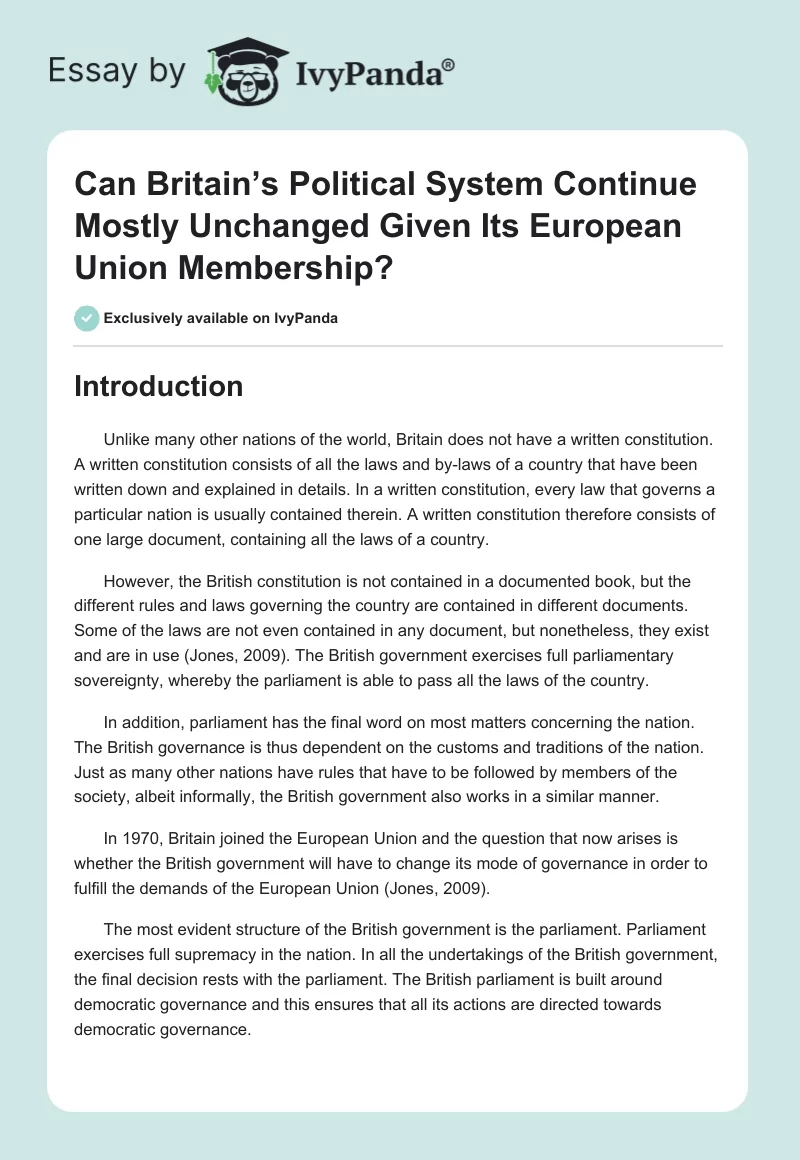 Can Britain’s Political System Continue Mostly Unchanged Given Its European Union Membership?. Page 1