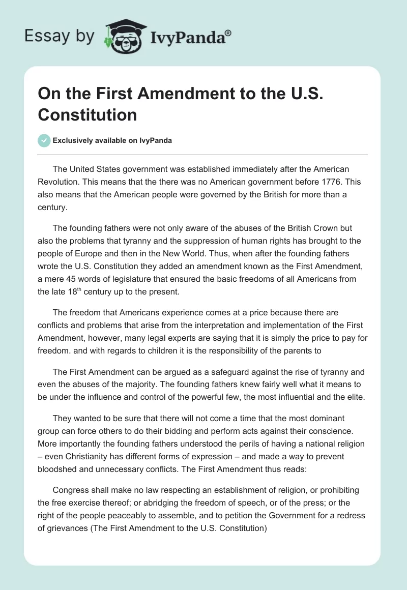 On the First Amendment to the U.S. Constitution. Page 1