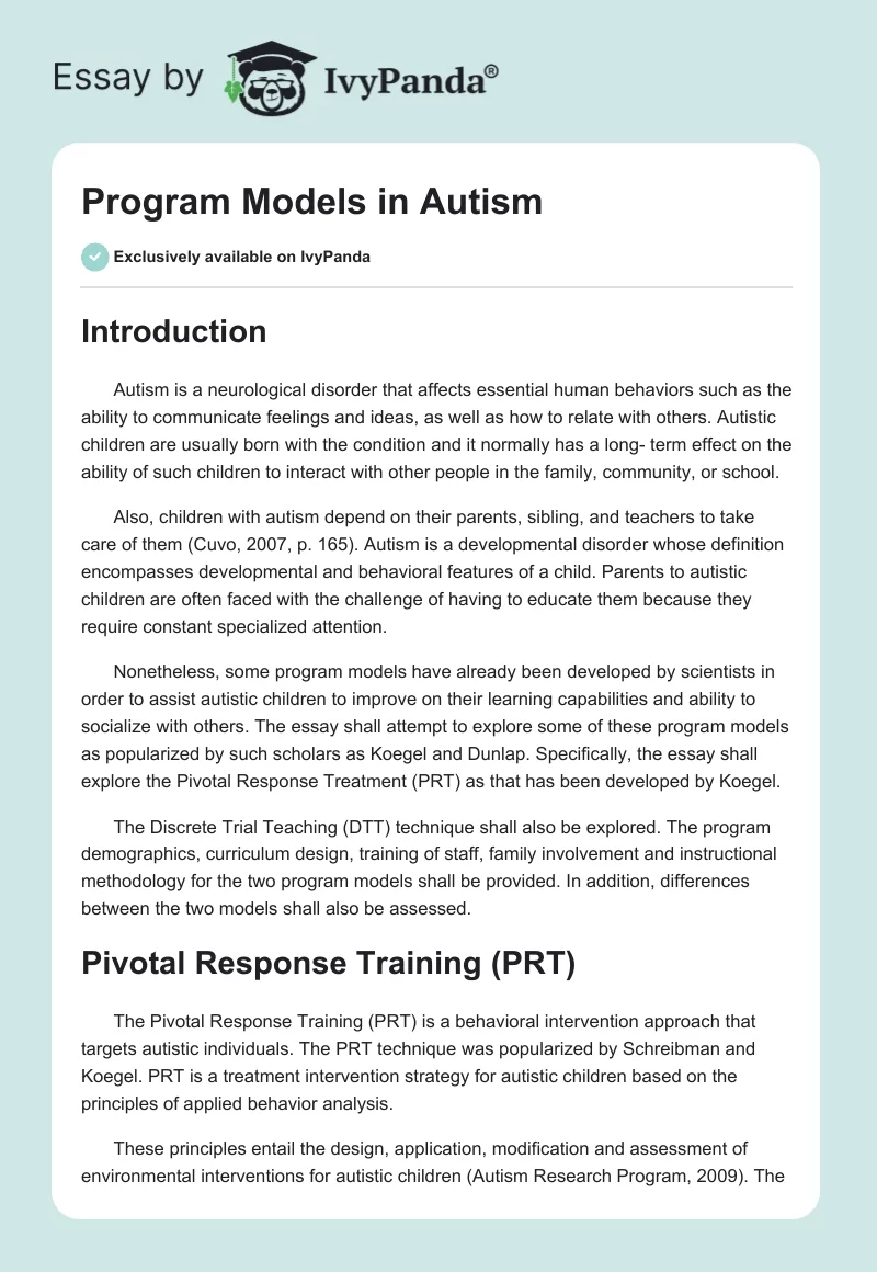 Program Models in Autism. Page 1