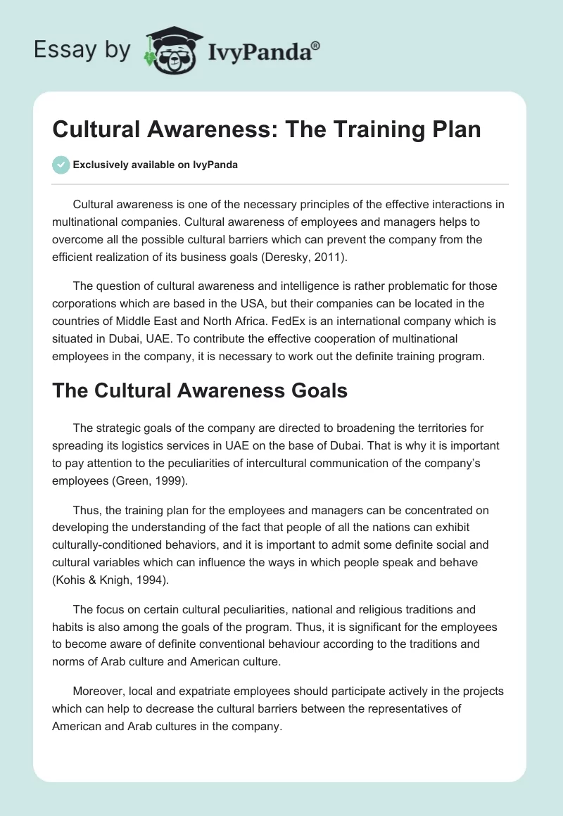Cultural Awareness: The Training Plan. Page 1