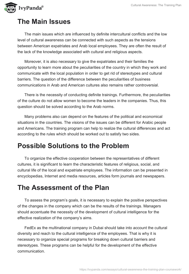 Cultural Awareness: The Training Plan. Page 2