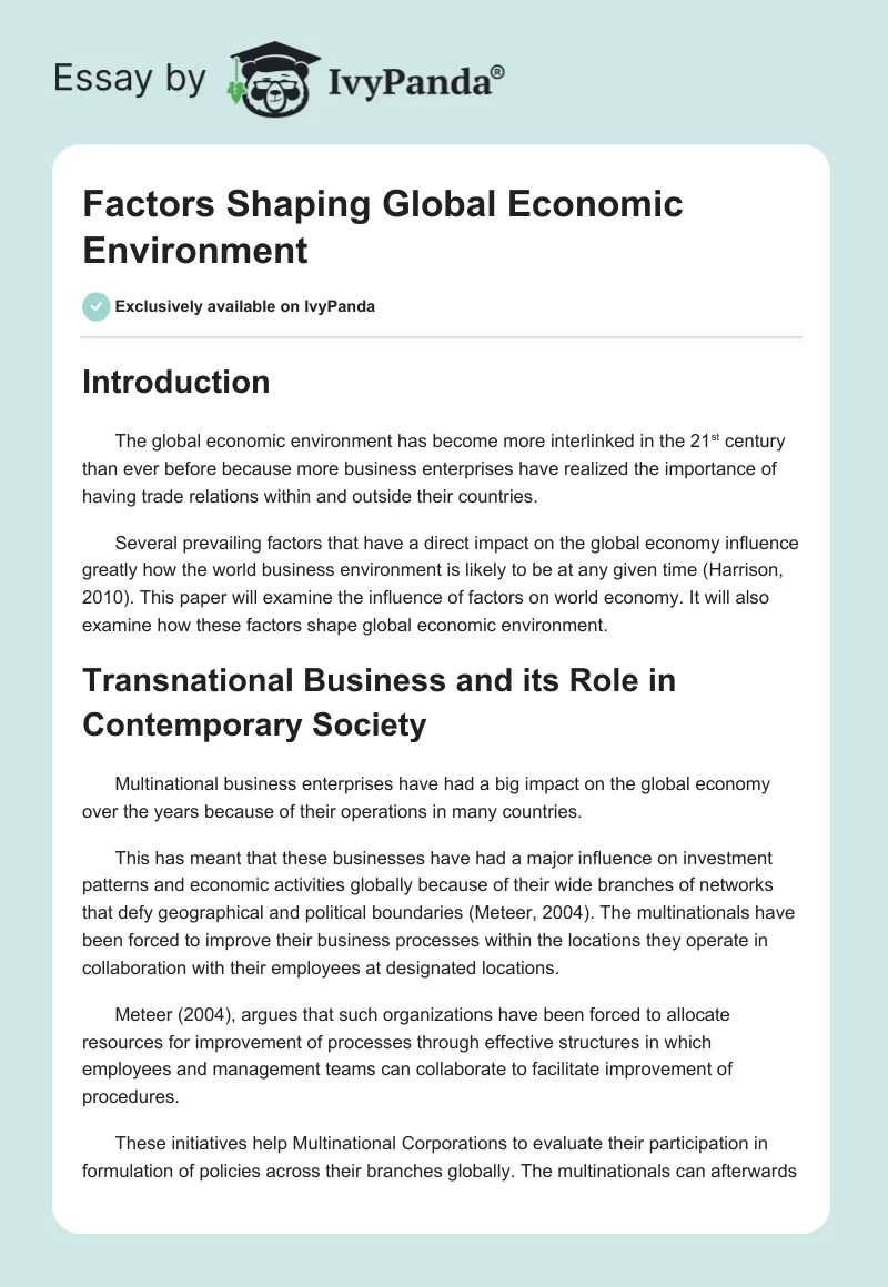 Factors Shaping Global Economic Environment. Page 1