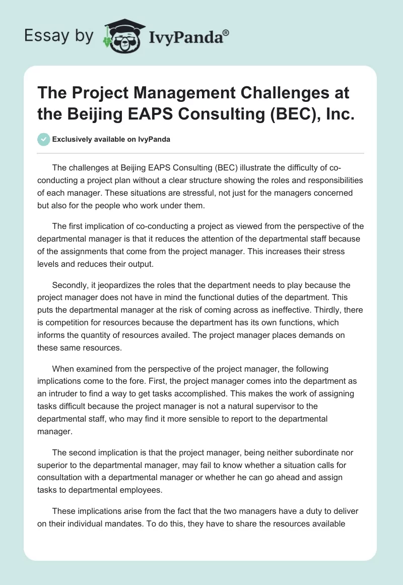 The Project Management Challenges at the Beijing EAPS Consulting (BEC), Inc.. Page 1