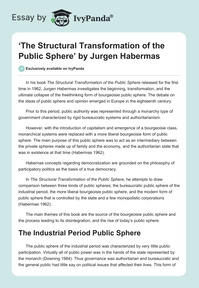 ‘The Structural Transformation of the Public Sphere’ by Jurgen Habermas. Page 1