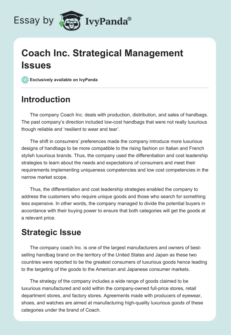 Coach Inc. Strategical Management Issues. Page 1