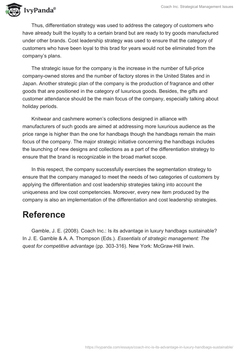 Coach Inc. Strategical Management Issues. Page 2