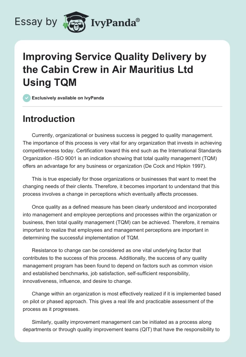 Improving Service Quality Delivery by the Cabin Crew in Air Mauritius Ltd Using TQM. Page 1