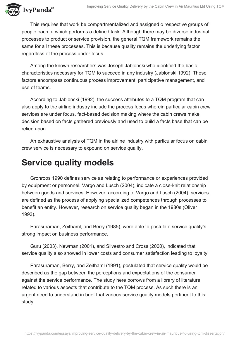 Improving Service Quality Delivery by the Cabin Crew in Air Mauritius Ltd Using TQM. Page 5