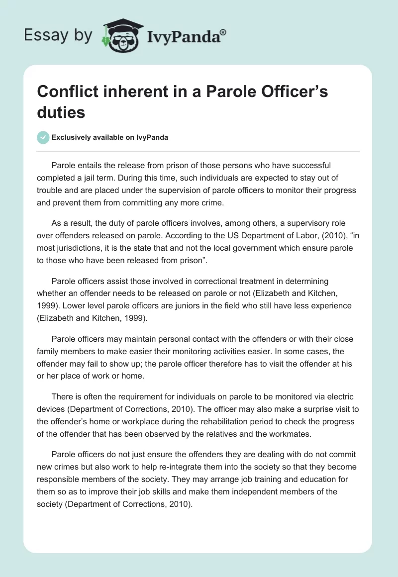 Conflict Inherent in a Parole Officer’s Duties. Page 1