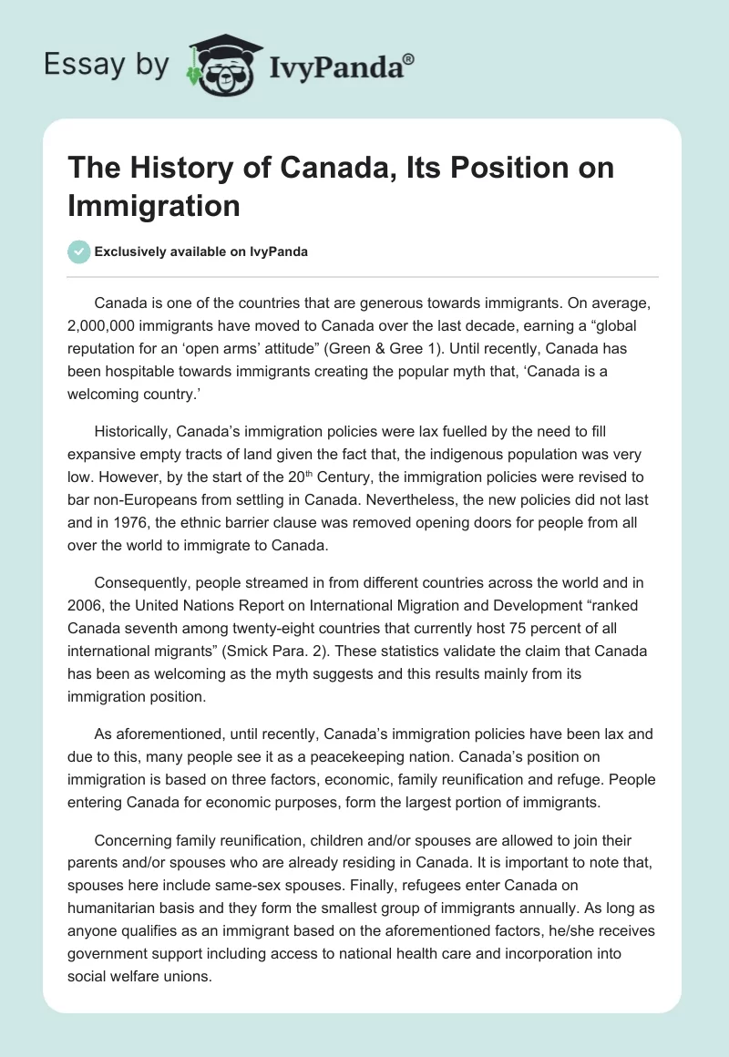 The History of Canada, Its Position on Immigration. Page 1