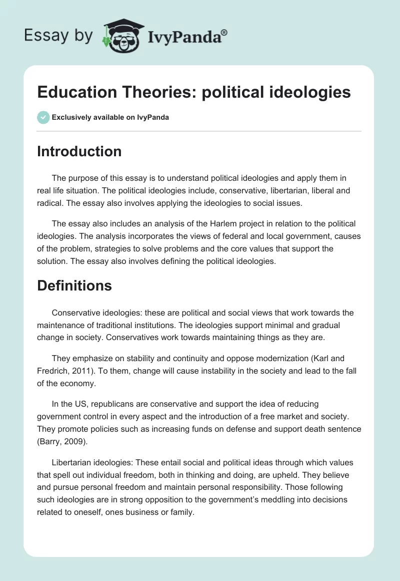 Education Theories: political ideologies. Page 1