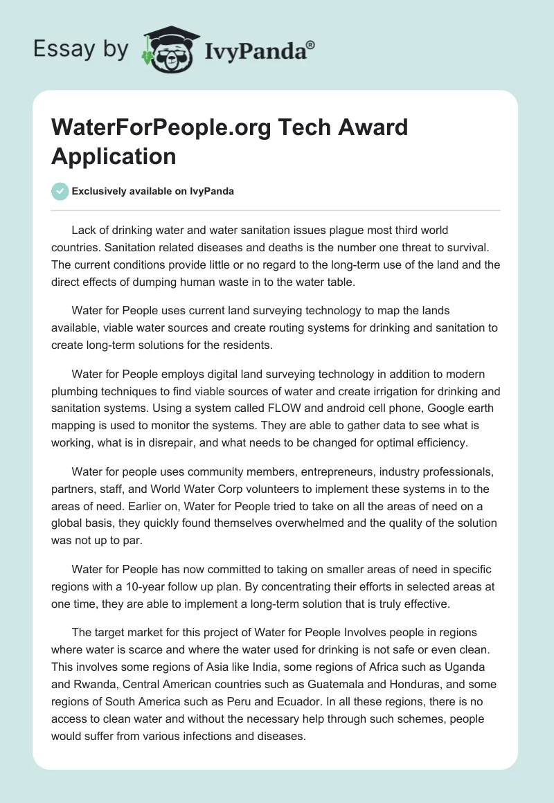 WaterForPeople.org Tech Award Application. Page 1