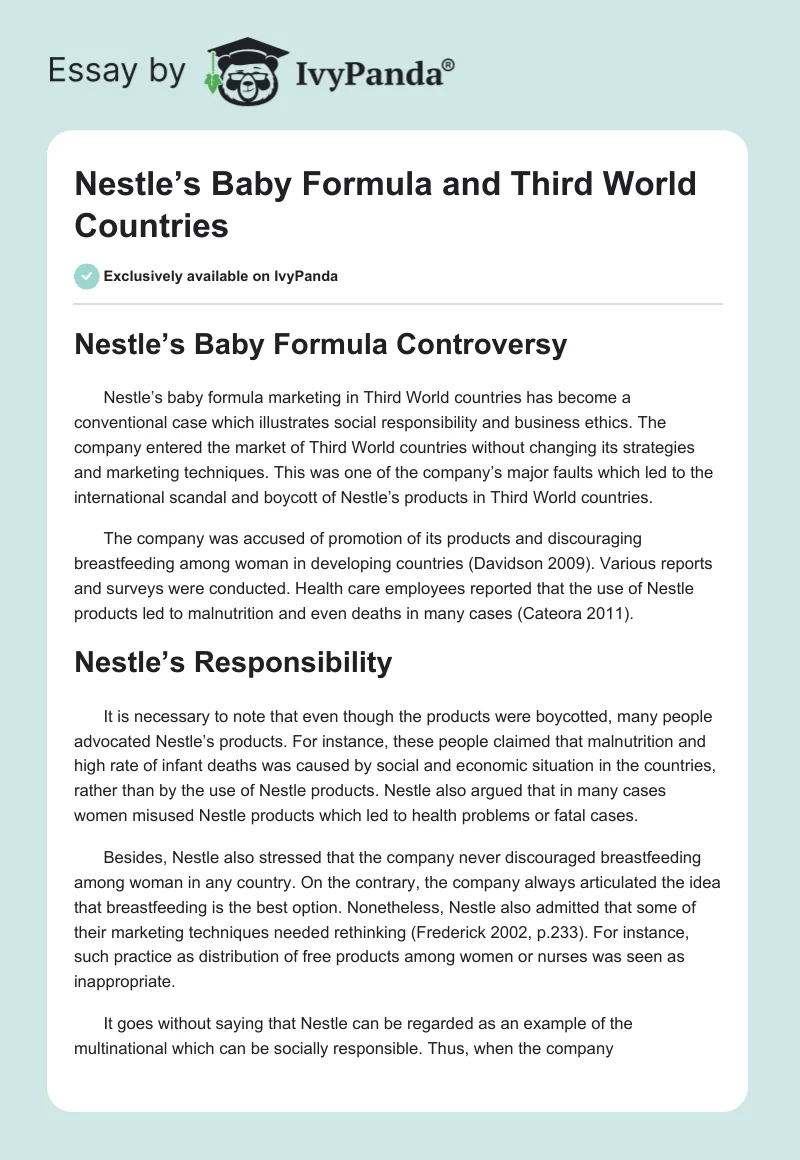 Nestle’s Baby Formula and Third World Countries. Page 1