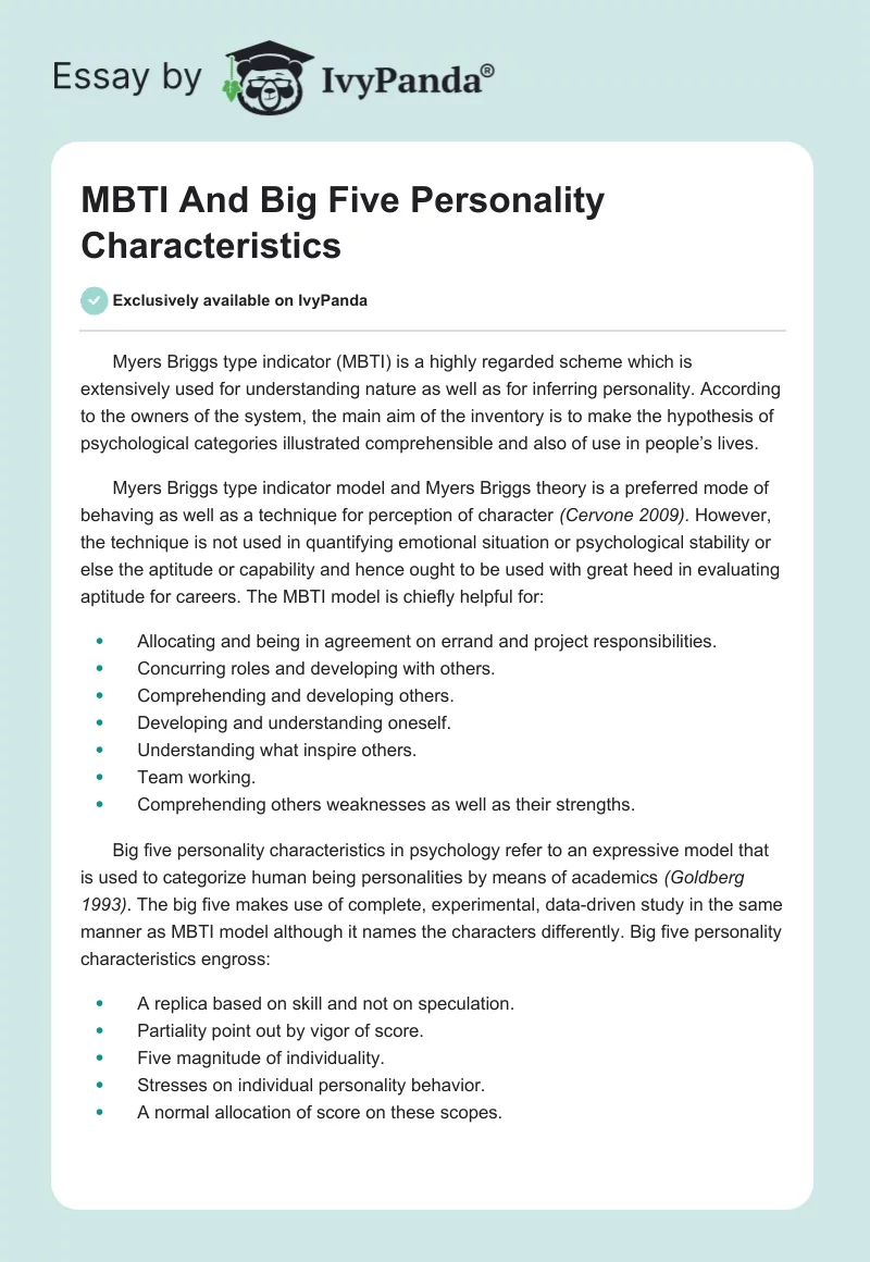 MBTI And Big Five Personality Characteristics. Page 1