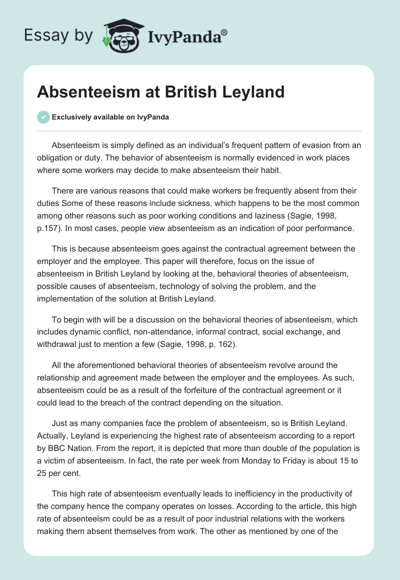 Absenteeism at British Leyland. Page 1
