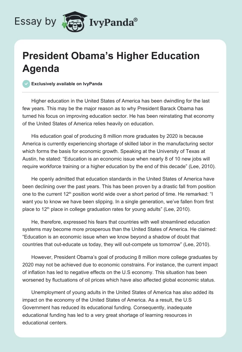 President Obama’s Higher Education Agenda. Page 1