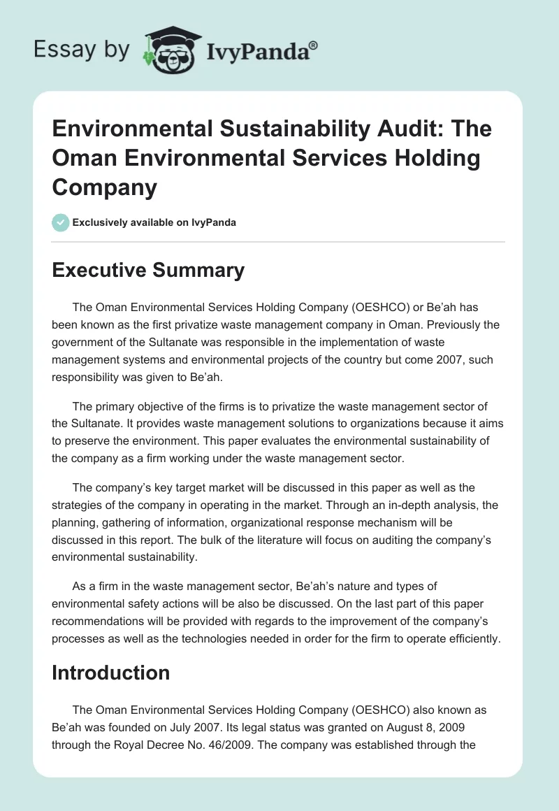 Environmental Sustainability Audit: The Oman Environmental Services Holding Company. Page 1