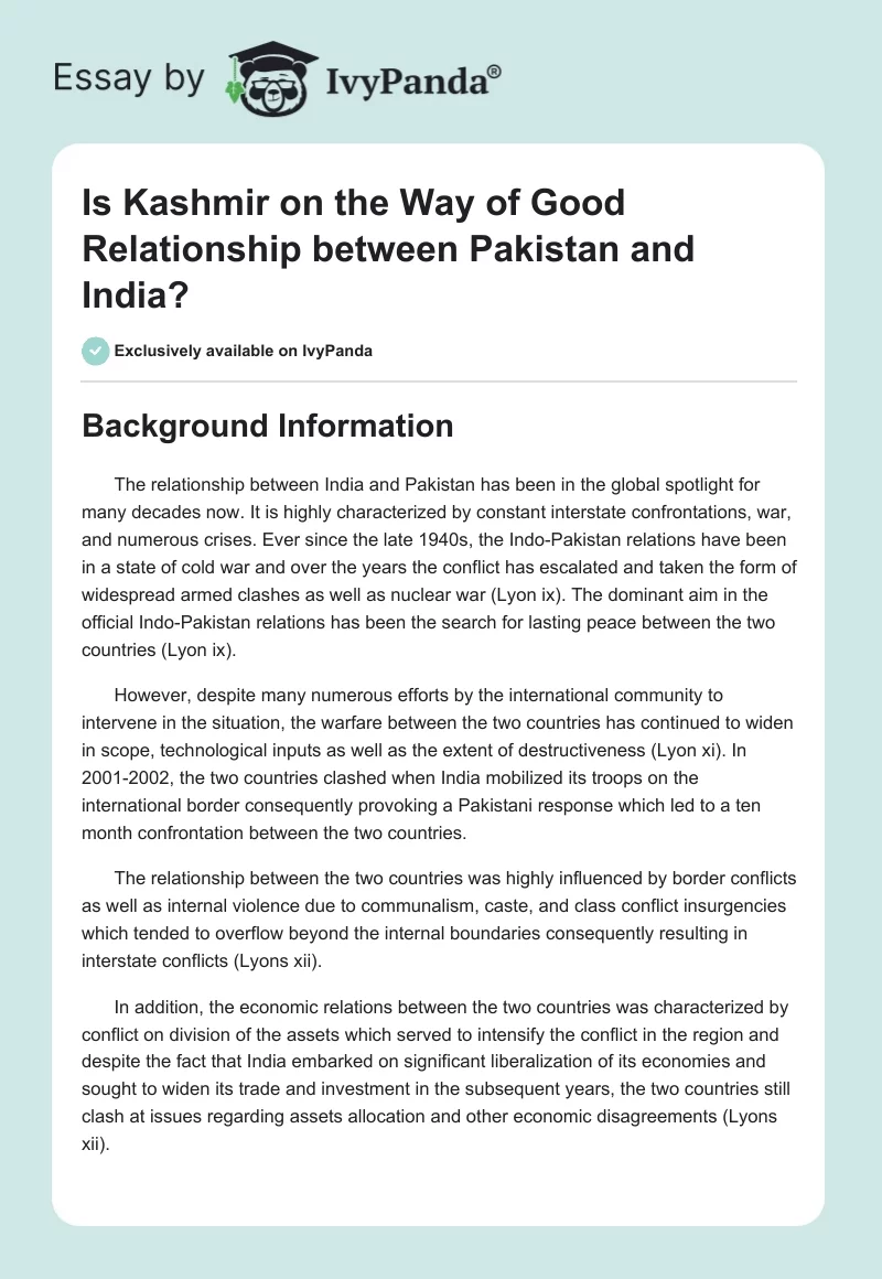 Is Kashmir on the Way of Good Relationship between Pakistan and India?. Page 1