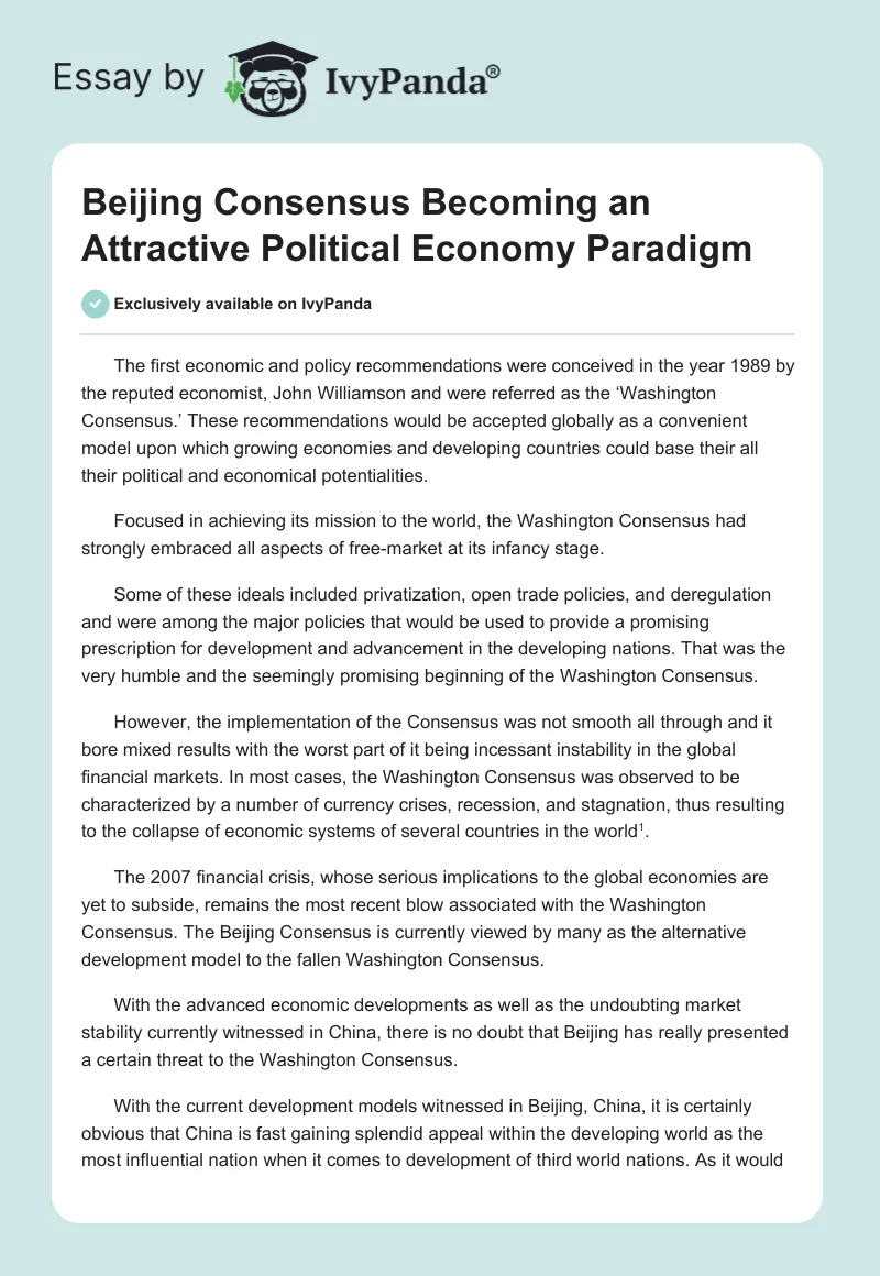 Beijing Consensus Becoming an Attractive Political Economy Paradigm. Page 1