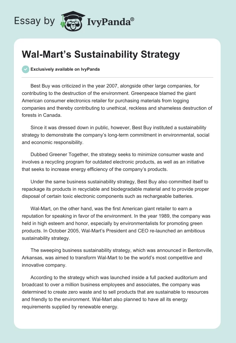 Wal-Mart’s Sustainability Strategy. Page 1