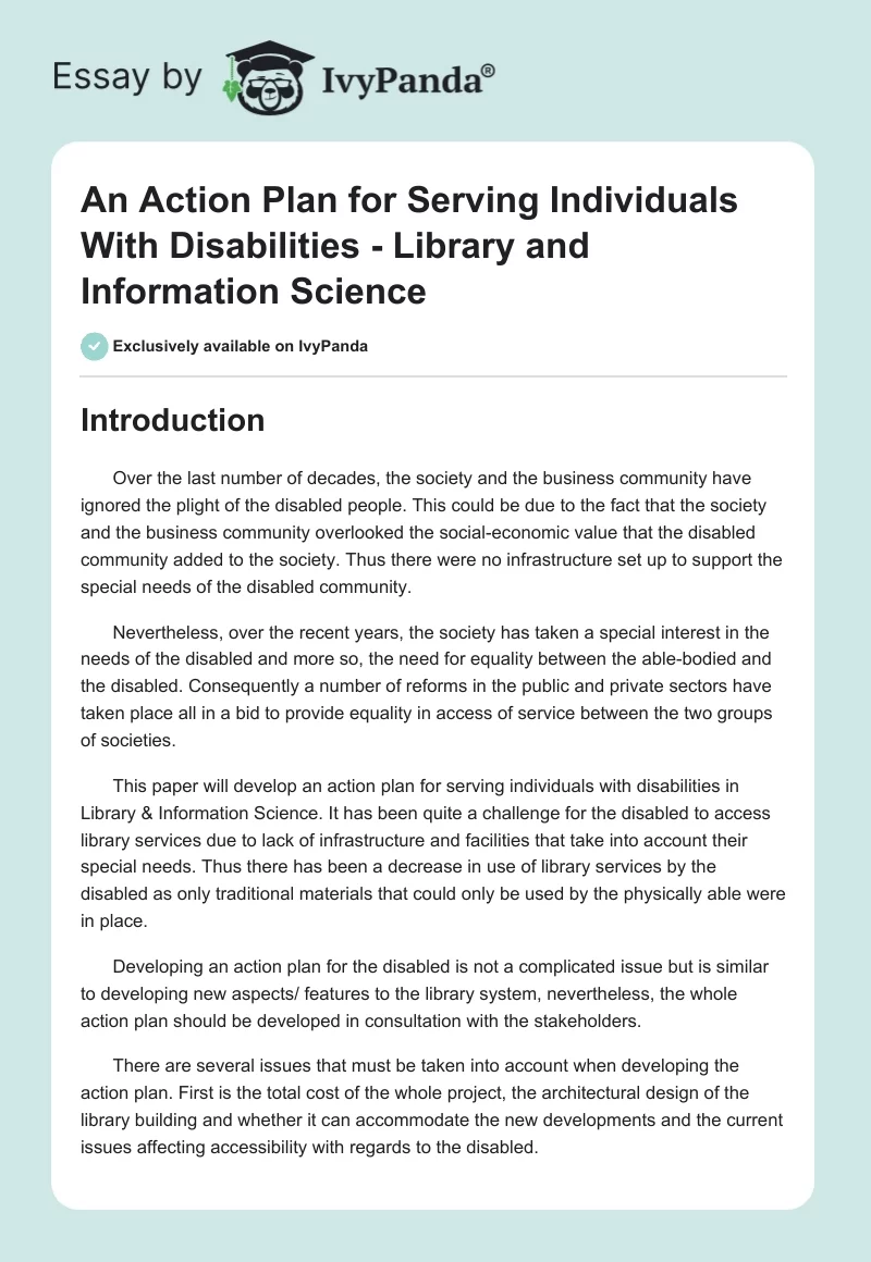 An Action Plan for Serving Individuals With Disabilities - Library and Information Science. Page 1