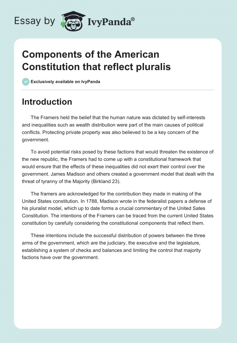 Components of the American Constitution that reflect pluralis. Page 1