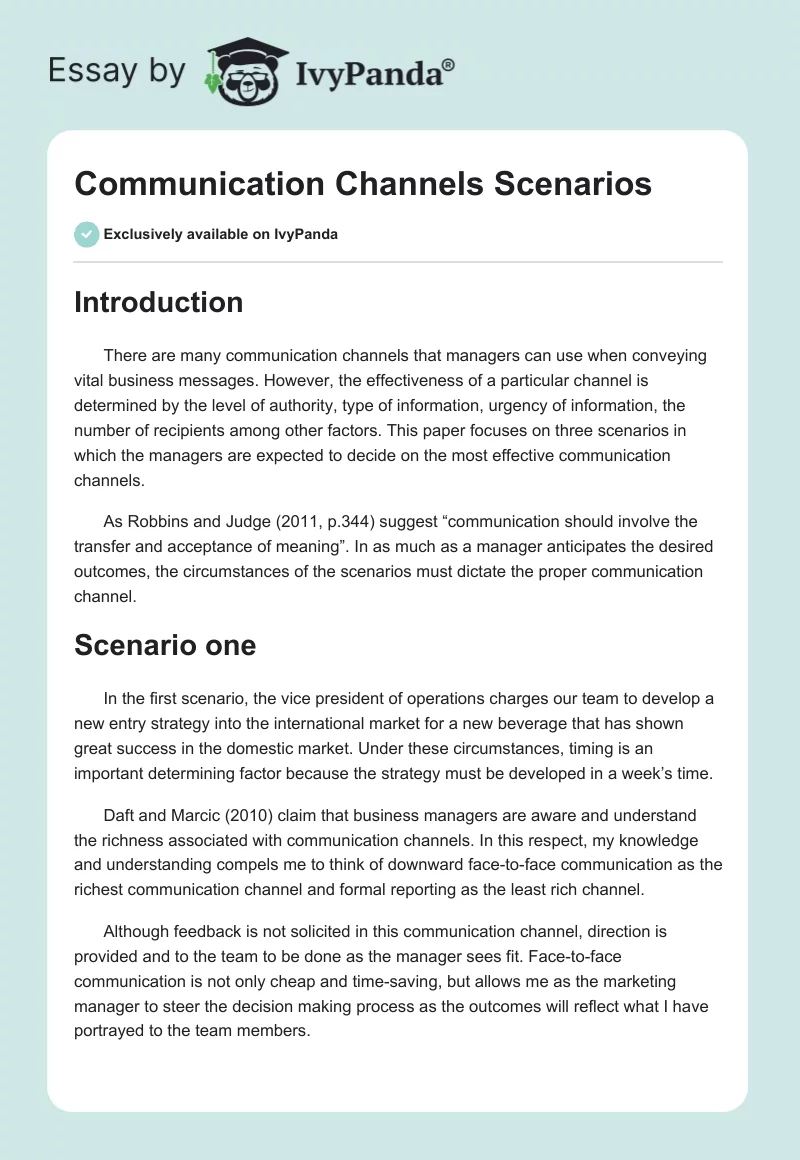 Communication Channels Scenarios. Page 1