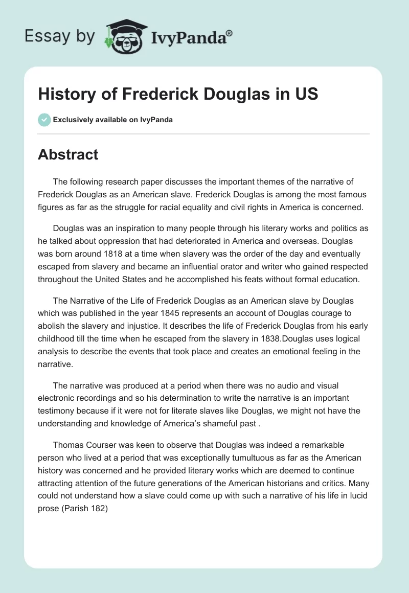 History of Frederick Douglas in US. Page 1