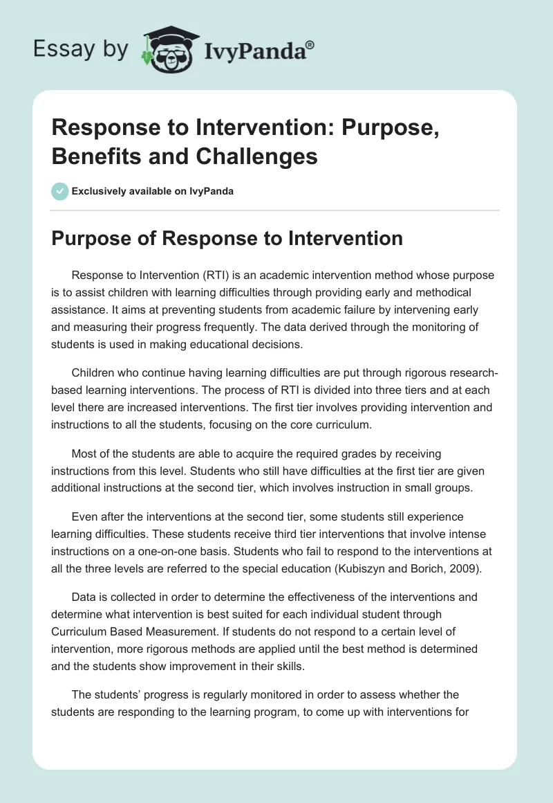 Response to Intervention: Purpose, Benefits and Challenges. Page 1