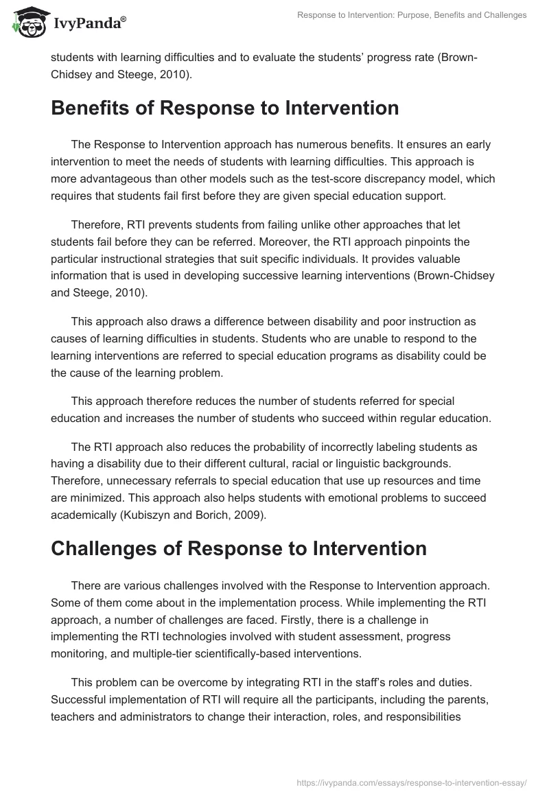 Response to Intervention: Purpose, Benefits and Challenges. Page 2