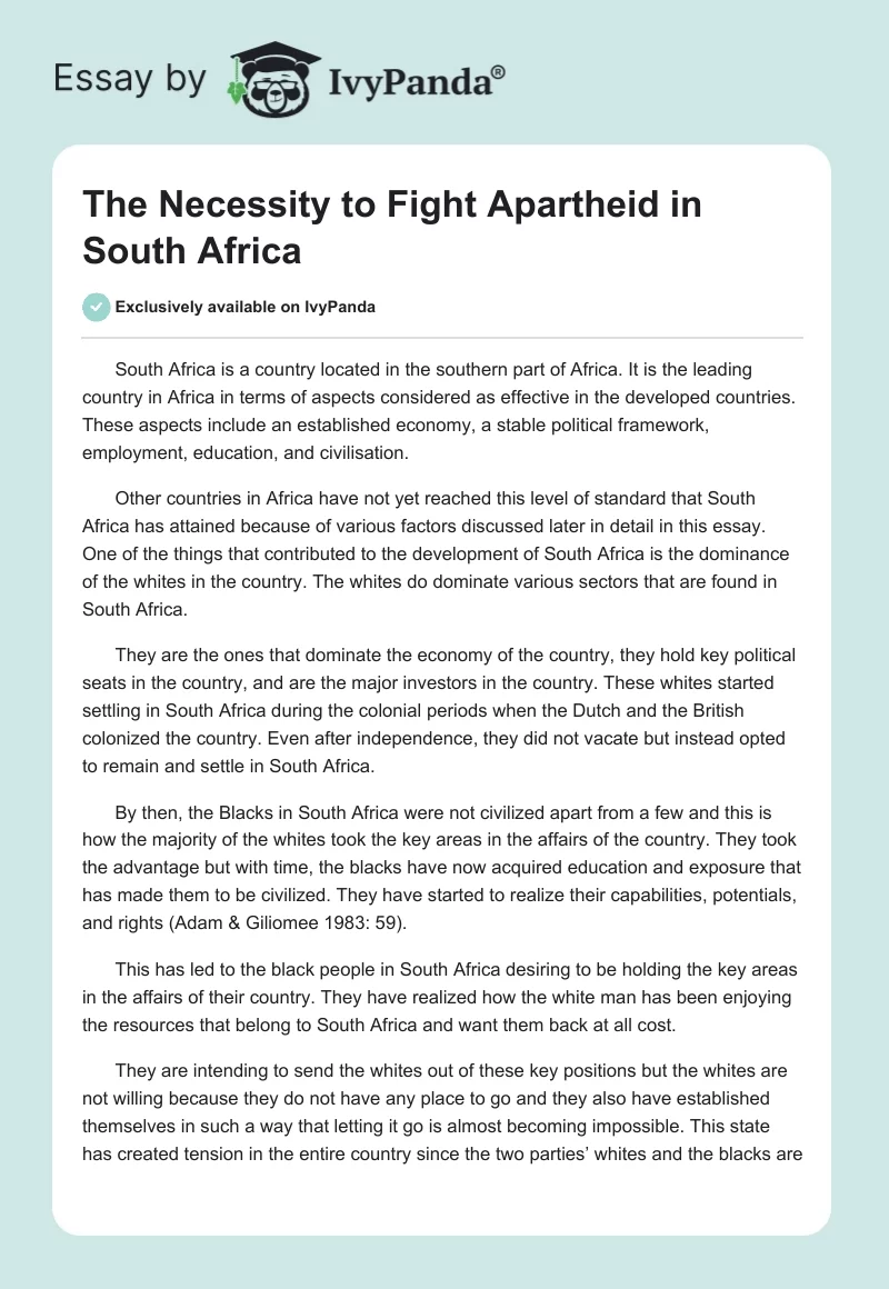 The Necessity to Fight Apartheid in South Africa. Page 1