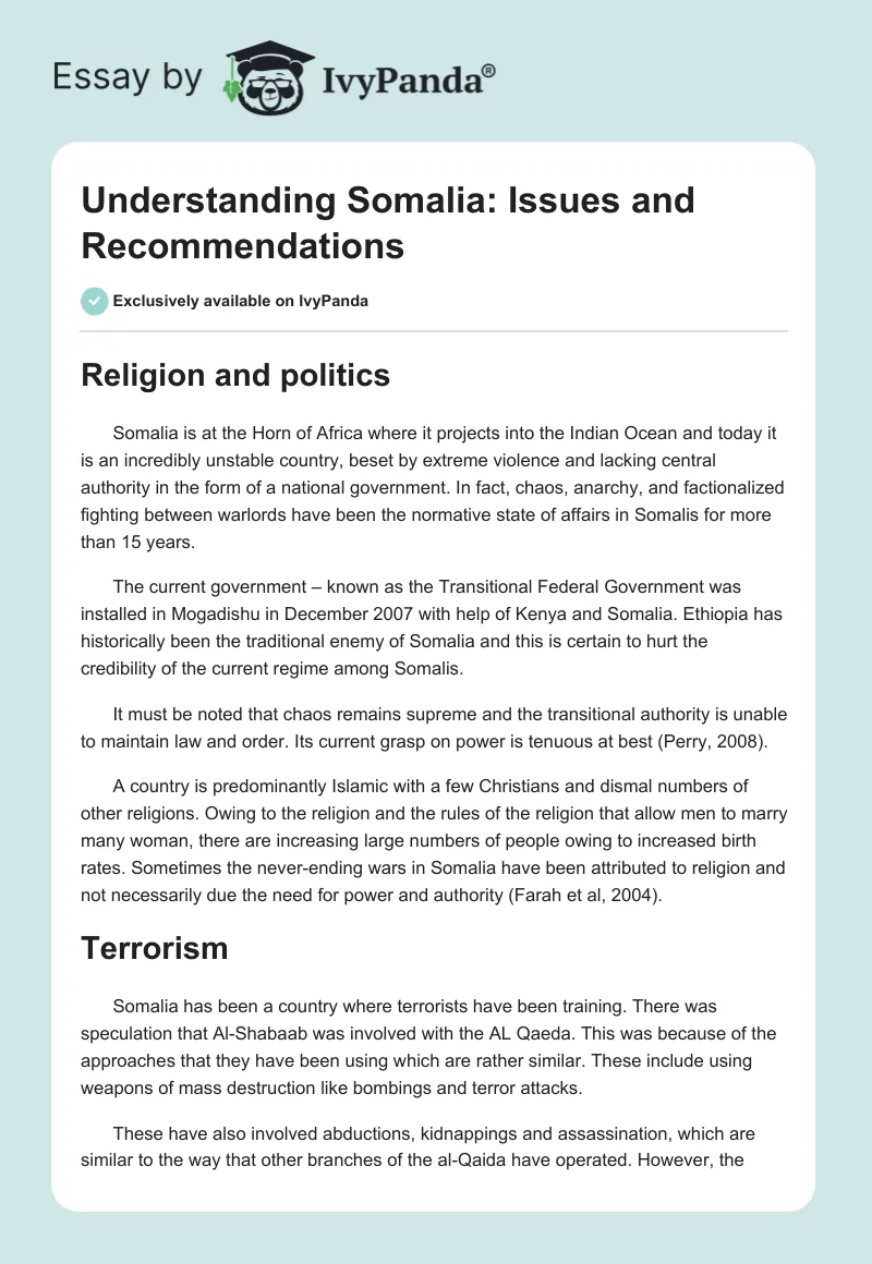 Understanding Somalia: Issues and Recommendations. Page 1