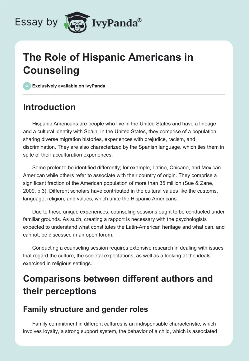 The Role of Hispanic Americans in Counseling. Page 1
