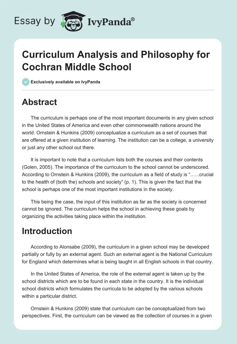 Curriculum Analysis and Philosophy for Cochran Middle School. Page 1