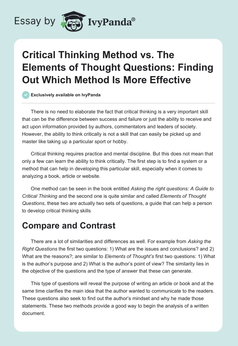 Critical Thinking Method vs. The Elements of Thought Questions: Finding Out Which Method Is More Effective. Page 1