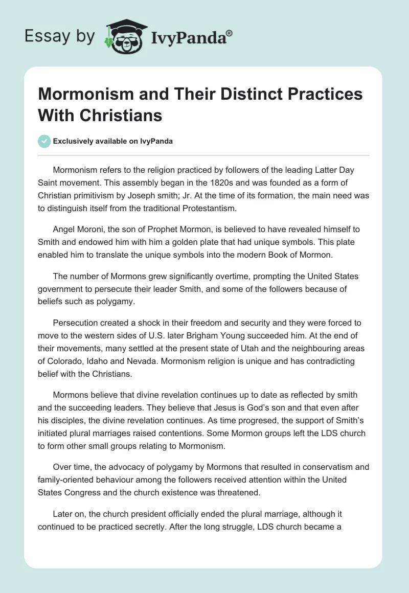 Mormonism and Their Distinct Practices With Christians. Page 1