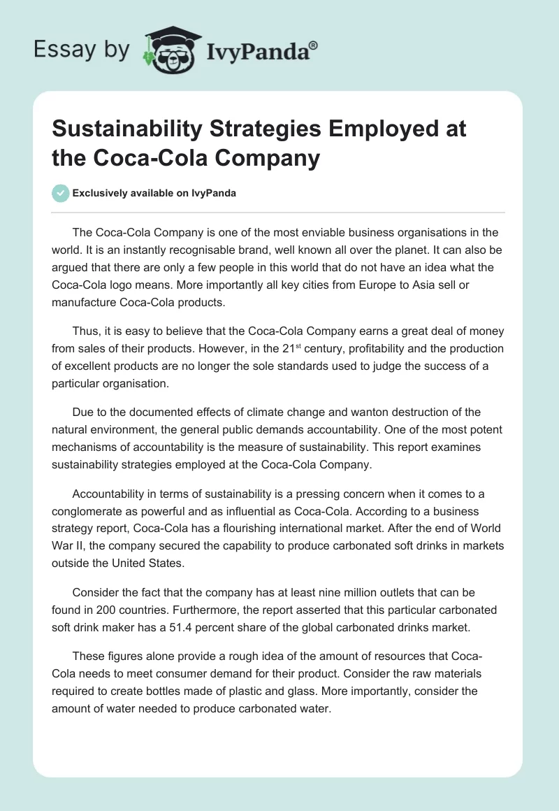 Sustainability Strategies Employed at the Coca-Cola Company. Page 1