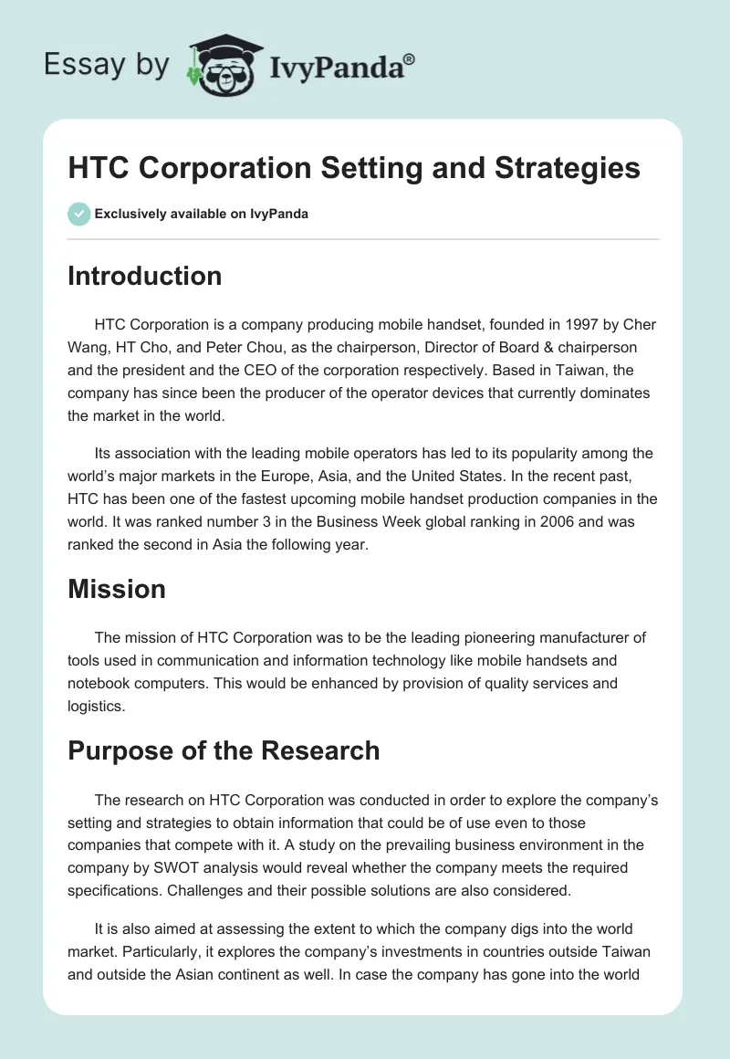 HTC Corporation Setting and Strategies. Page 1
