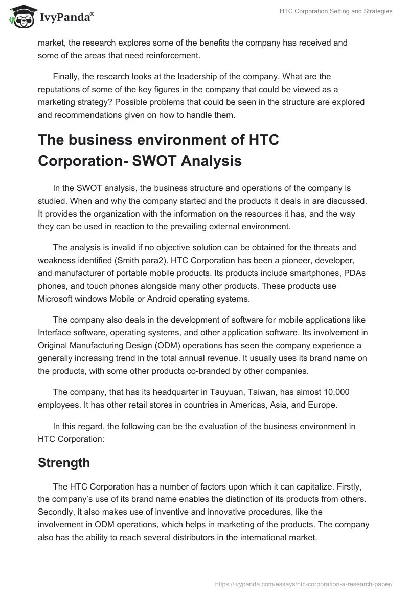 HTC Corporation Setting and Strategies. Page 2