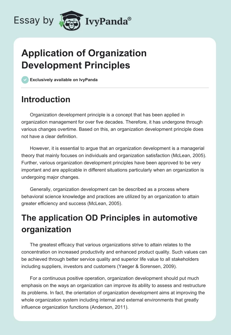 Application of Organization Development Principles. Page 1