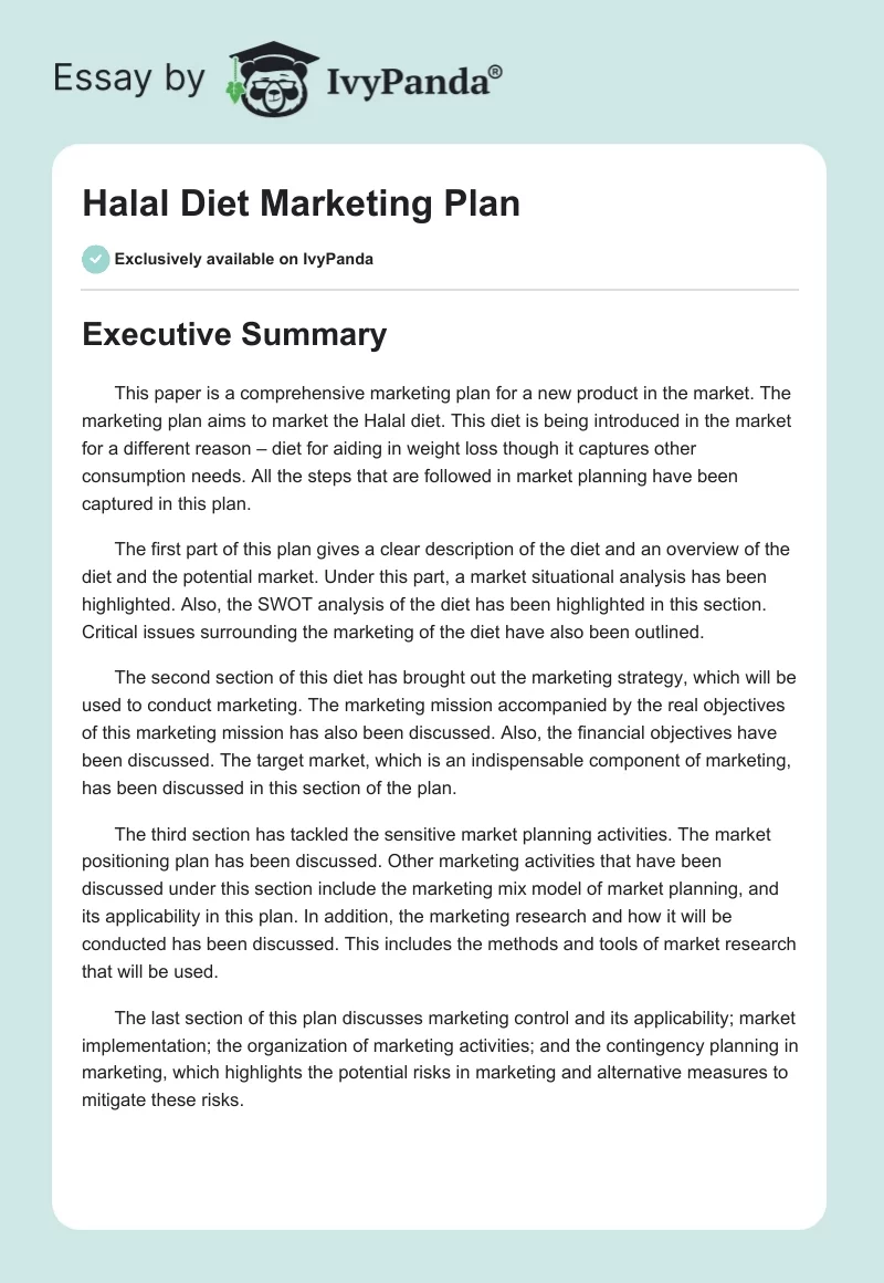 Halal Diet Marketing Plan. Page 1