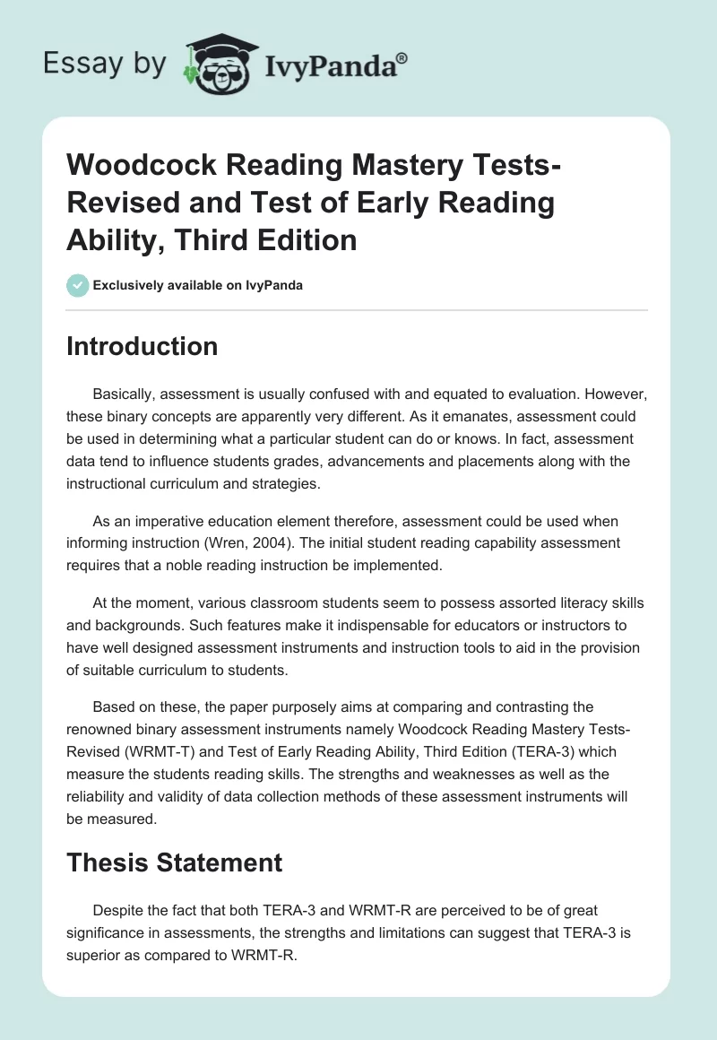 Woodcock Reading Mastery Tests-Revised and Test of Early Reading Ability, Third Edition. Page 1