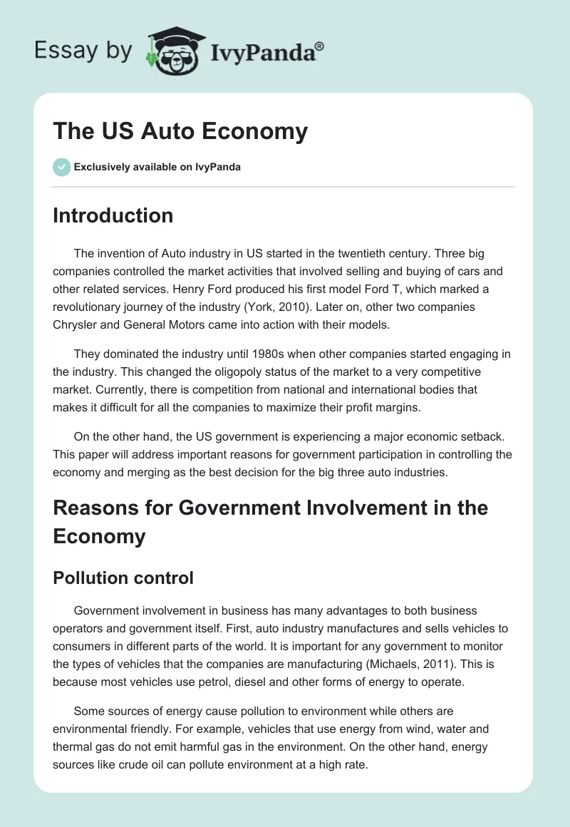 The US Auto Economy. Page 1