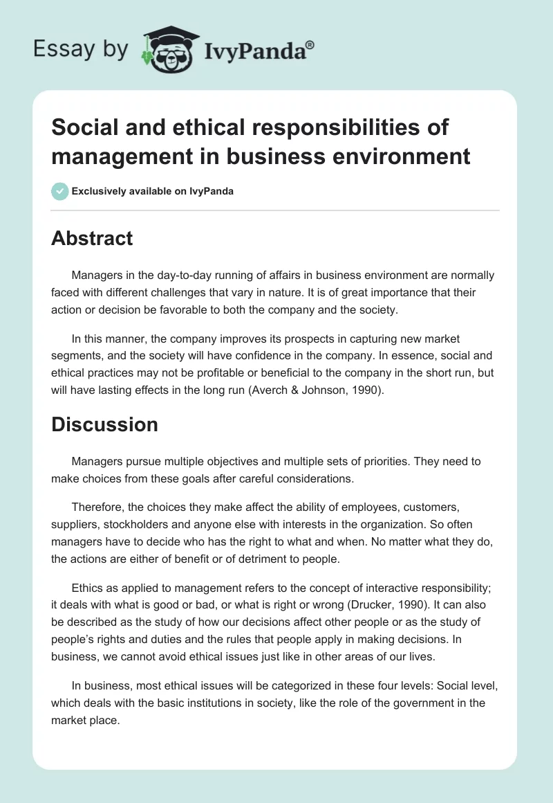 Social and Ethical Responsibilities of Management in Business Environment. Page 1